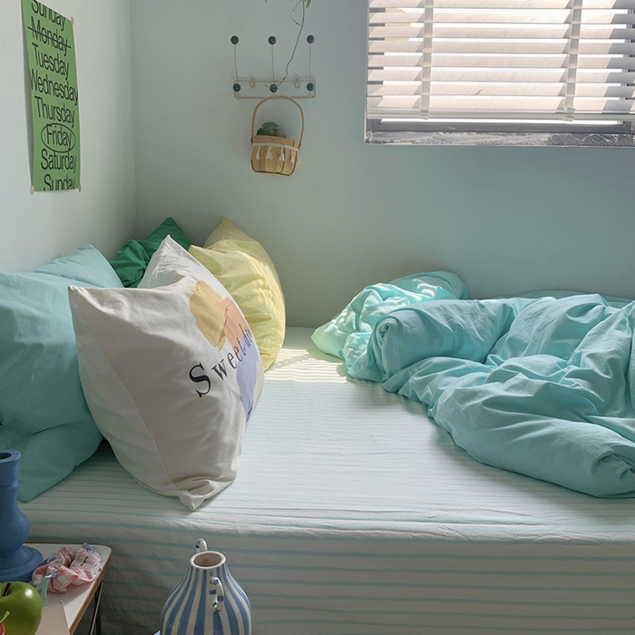 91家纺网 家纺一手货源 找家纺 （总）柚可家居 2024新款色织水洗棉四件套-冰激凌蓝条纹