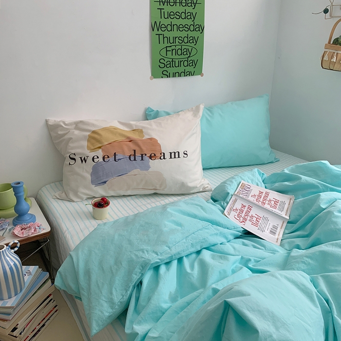 91家纺网 家纺一手货源 找家纺 （总）柚可家居 2024新款色织水洗棉四件套-冰激凌蓝条纹