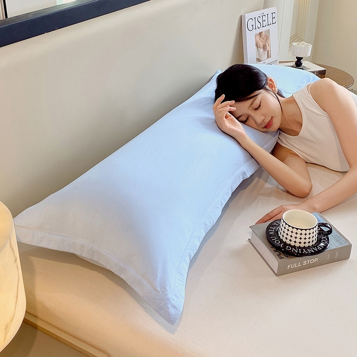 91家纺网 家纺一手货源 找家纺 雨彤家纺 2025年新款A类纯色水洗棉枕套 天蓝