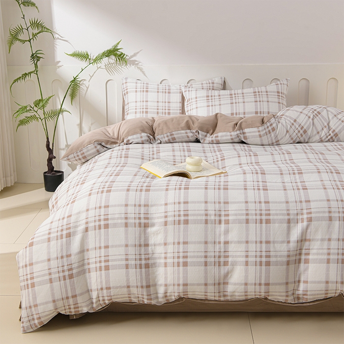 91家纺网 家纺一手货源 找家纺 金昱纺 2025新款A类全棉纯棉双层纱四件套 泡泡格-咖