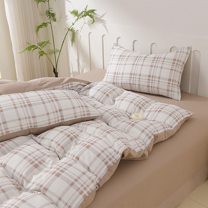 91家纺网 家纺一手货源 找家纺 金昱纺 2025新款A类全棉纯棉双层纱四件套 泡泡格-咖