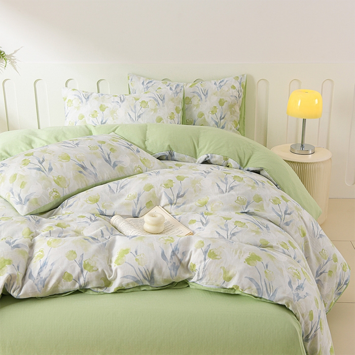 91家纺网 家纺一手货源 找家纺 金昱纺 2025新款A类全棉纯棉双层纱四件套 芊芊-绿