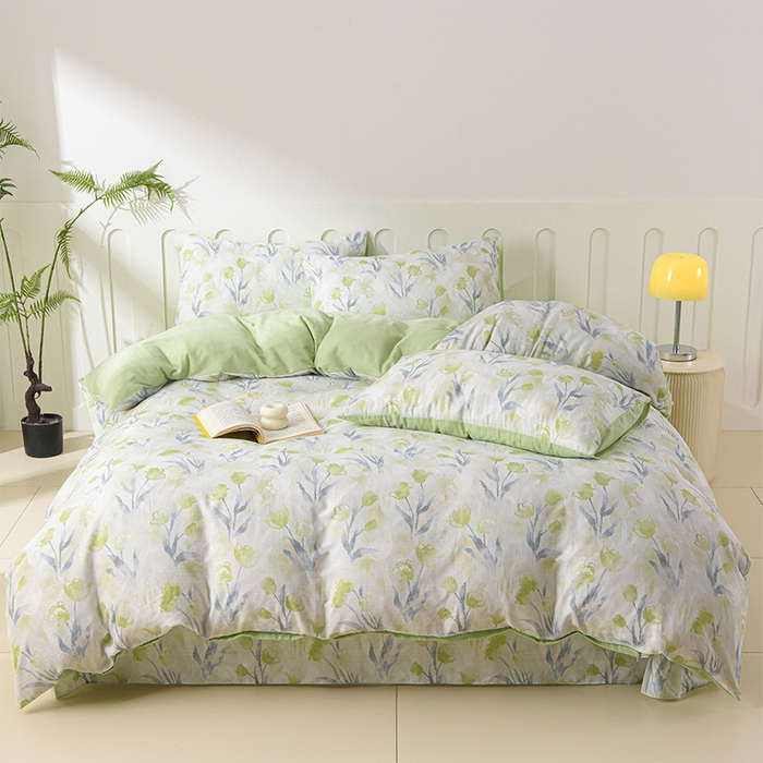 91家纺网 家纺一手货源 找家纺 金昱纺 2025新款A类全棉纯棉双层纱四件套 芊芊-绿