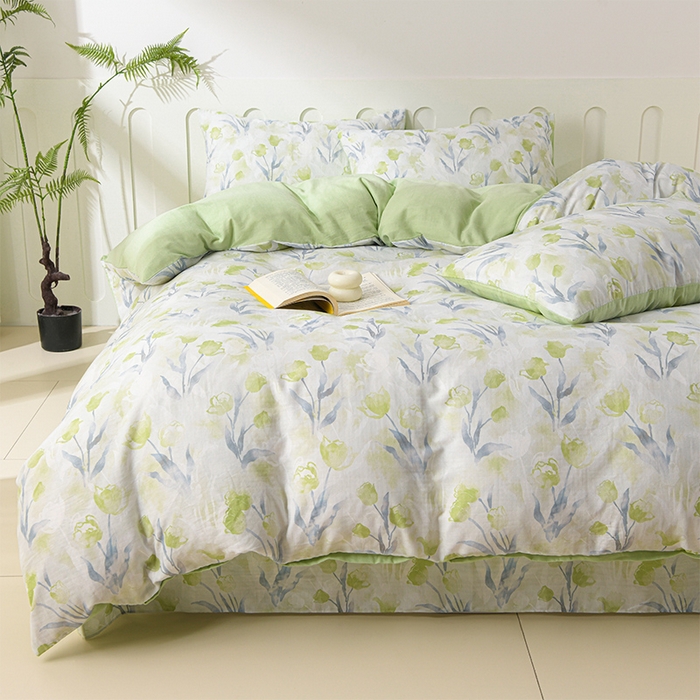 91家纺网 家纺一手货源 找家纺 金昱纺 2025新款A类全棉纯棉双层纱四件套 芊芊-绿