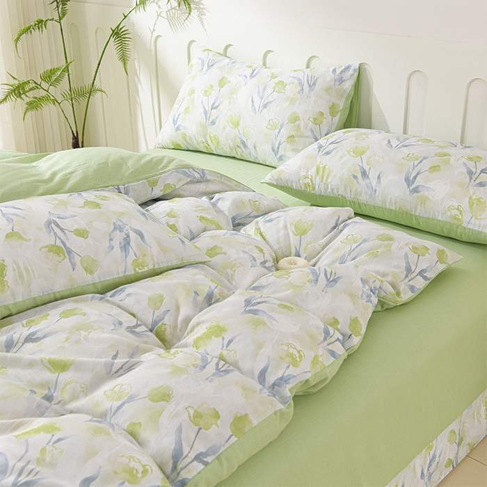 91家纺网 家纺一手货源 找家纺 金昱纺 2025新款A类全棉纯棉双层纱四件套 芊芊-绿