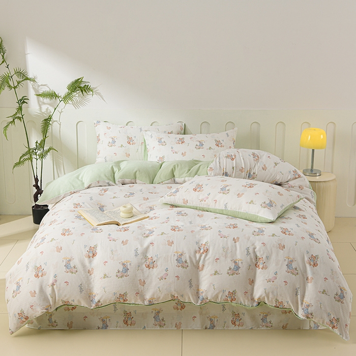 91家纺网 家纺一手货源 找家纺 金昱纺 2025新款A类全棉纯棉双层纱四件套 小浣熊