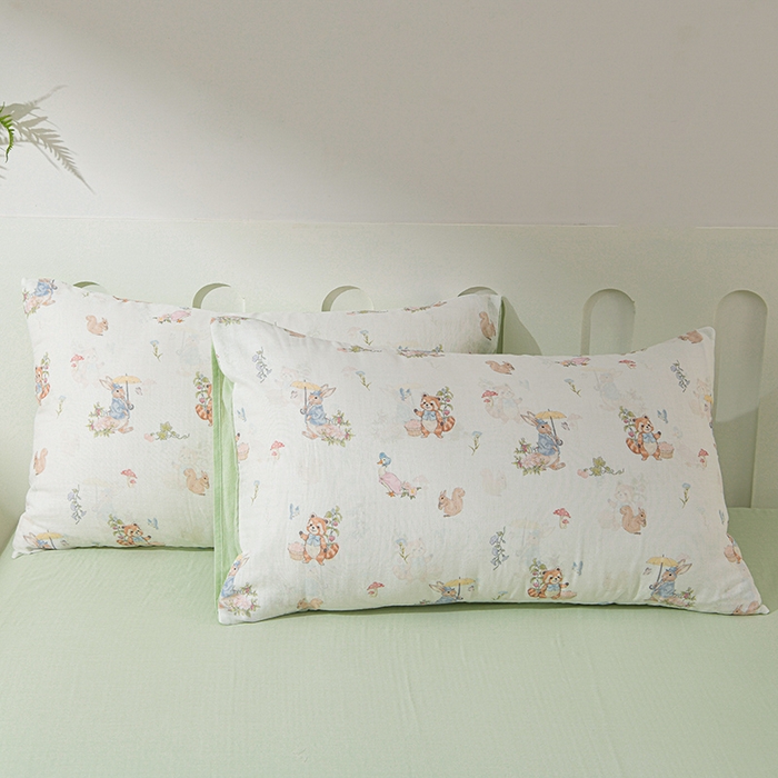 91家纺网 家纺一手货源 找家纺 金昱纺 2025新款A类全棉纯棉双层纱四件套 小浣熊