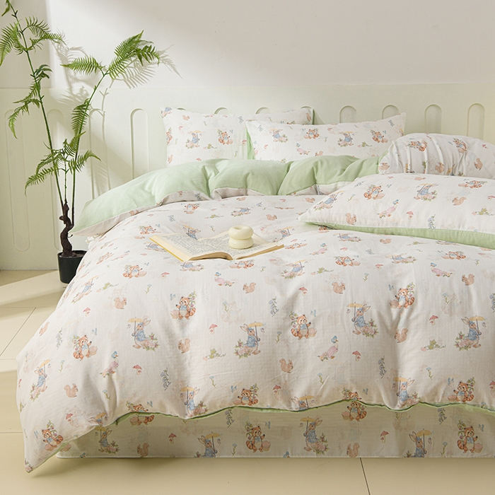 91家纺网 家纺一手货源 找家纺 金昱纺 2025新款A类全棉纯棉双层纱四件套 小浣熊