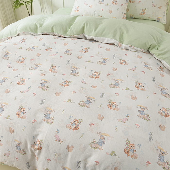 91家纺网 家纺一手货源 找家纺 金昱纺 2025新款A类全棉纯棉双层纱四件套 小浣熊