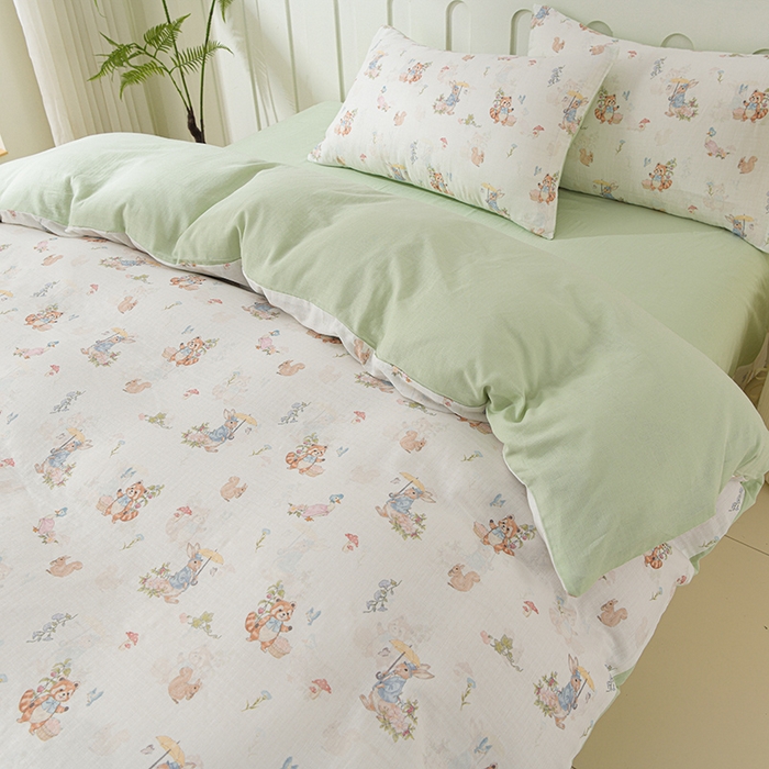 91家纺网 家纺一手货源 找家纺 金昱纺 2025新款A类全棉纯棉双层纱四件套 小浣熊