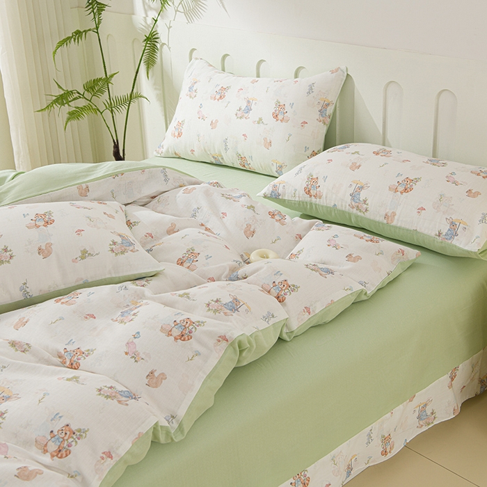 91家纺网 家纺一手货源 找家纺 金昱纺 2025新款A类全棉纯棉双层纱四件套 小浣熊