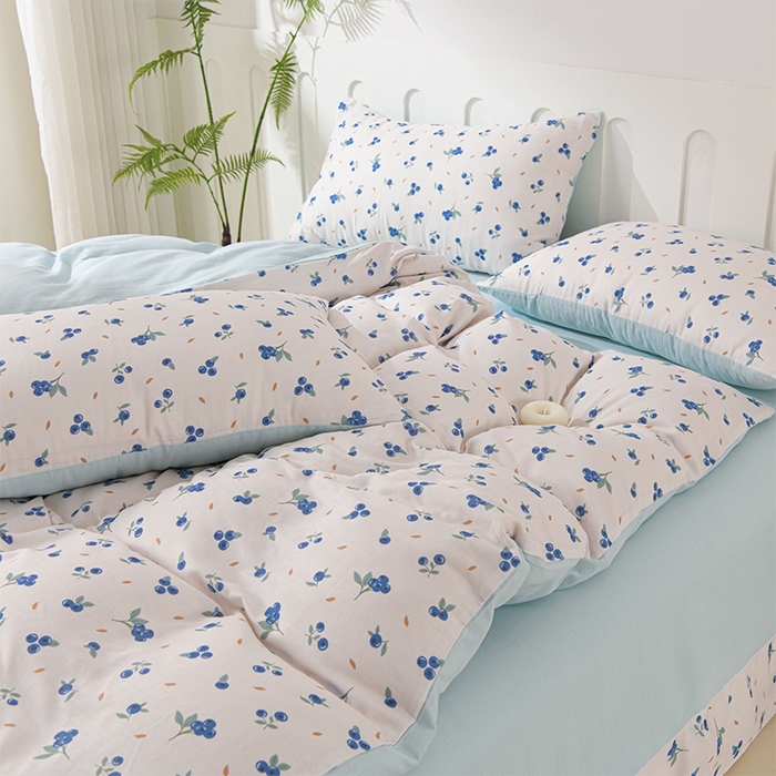 91家纺网 家纺一手货源 找家纺 金昱纺 2025新款A类全棉纯棉双层纱四件套 小蓝莓-蓝