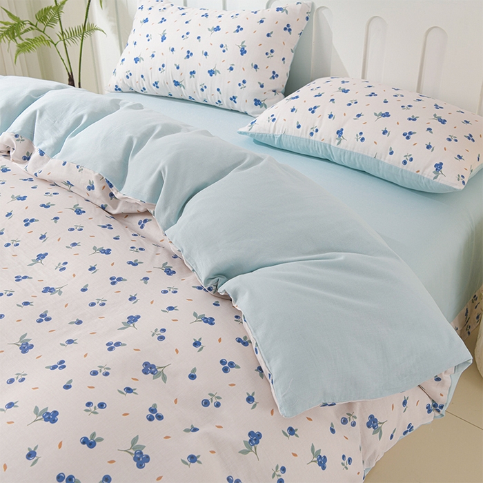 91家纺网 家纺一手货源 找家纺 金昱纺 2025新款A类全棉纯棉双层纱四件套 小蓝莓-蓝