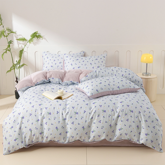 91家纺网 家纺一手货源 找家纺 金昱纺 2025新款A类全棉纯棉双层纱四件套 小蓝莓-紫