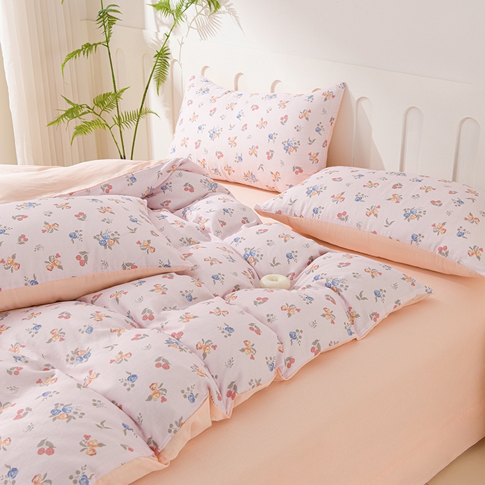 91家纺网 家纺一手货源 找家纺 金昱纺 2025新款A类全棉纯棉双层纱四件套 小美满-粉