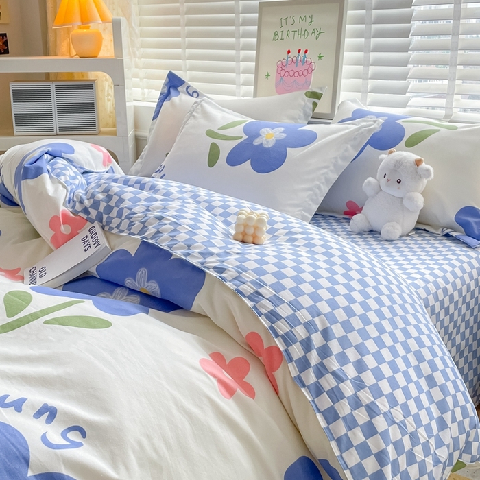 91家纺网 家纺一手货源 找家纺 简冠家纺 2025新款植物羊绒磨毛四件套 温婉花语-蓝