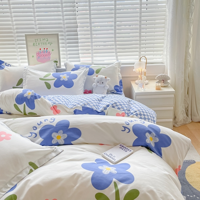 91家纺网 家纺一手货源 找家纺 简冠家纺 2025新款植物羊绒磨毛四件套 温婉花语-蓝