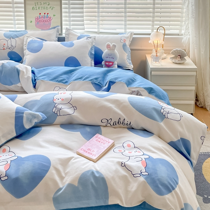 91家纺网 家纺一手货源 找家纺 简冠家纺 2025新款植物羊绒磨毛四件套 奶油兔-蓝