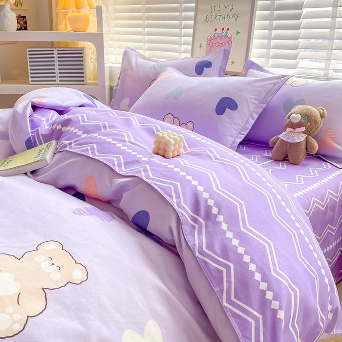 91家纺网 家纺一手货源 找家纺 简冠家纺 2025新款植物羊绒磨毛四件套 绅士熊-紫