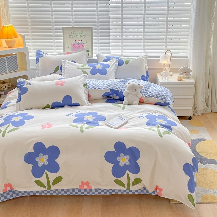 91家纺网 家纺一手货源 找家纺 简冠家纺 2025新款植物羊绒磨毛四件套 温婉花语-蓝