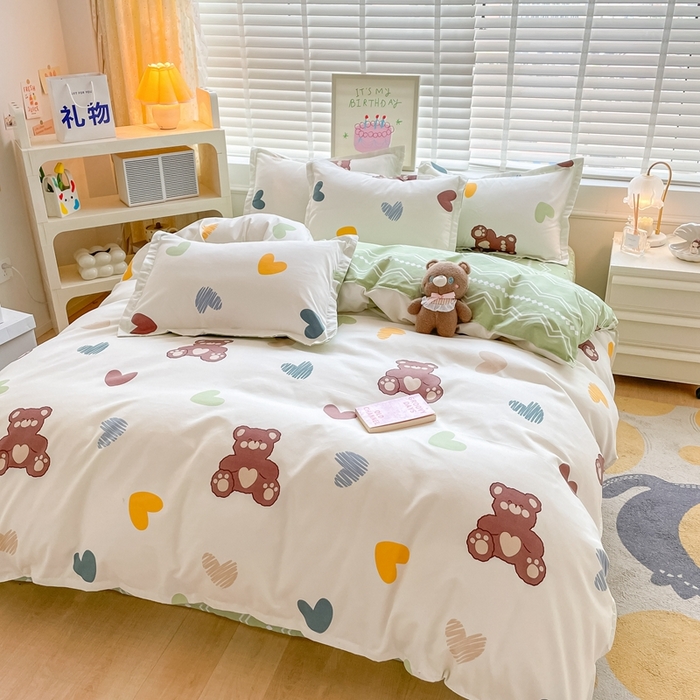 91家纺网 家纺一手货源 找家纺 简冠家纺 2025新款植物羊绒磨毛四件套 绅士熊-绿