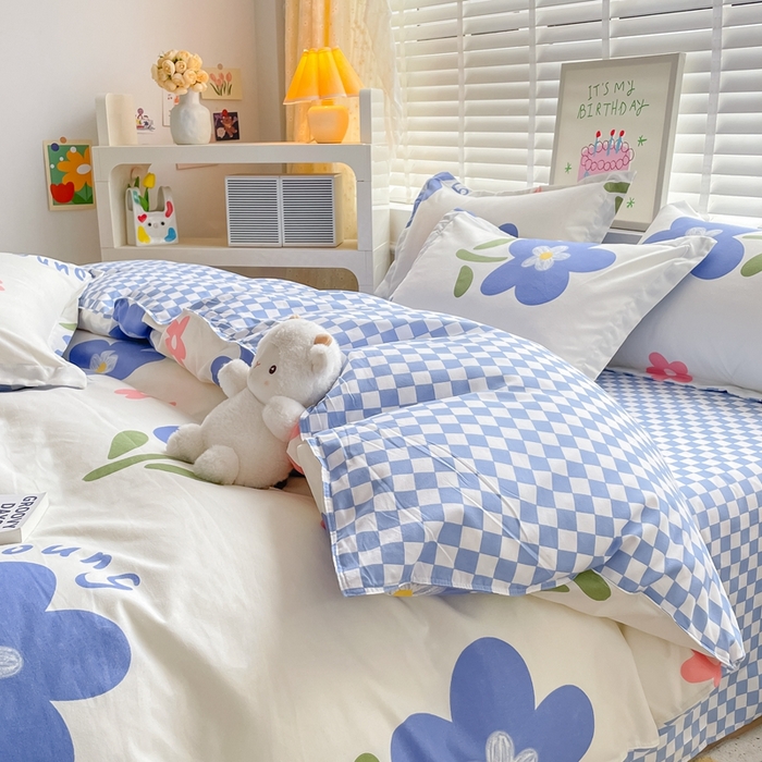 91家纺网 家纺一手货源 找家纺 简冠家纺 2025新款植物羊绒磨毛四件套 温婉花语-蓝