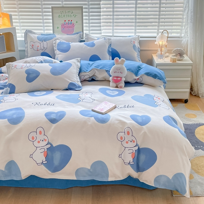 91家纺网 家纺一手货源 找家纺 简冠家纺 2025新款植物羊绒磨毛四件套 奶油兔-蓝