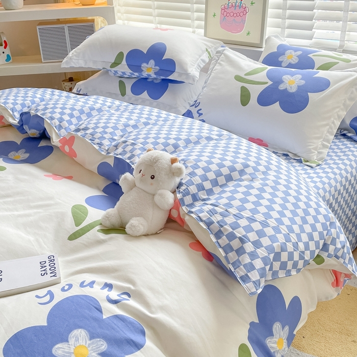 91家纺网 家纺一手货源 找家纺 简冠家纺 2025新款植物羊绒磨毛四件套 温婉花语-蓝