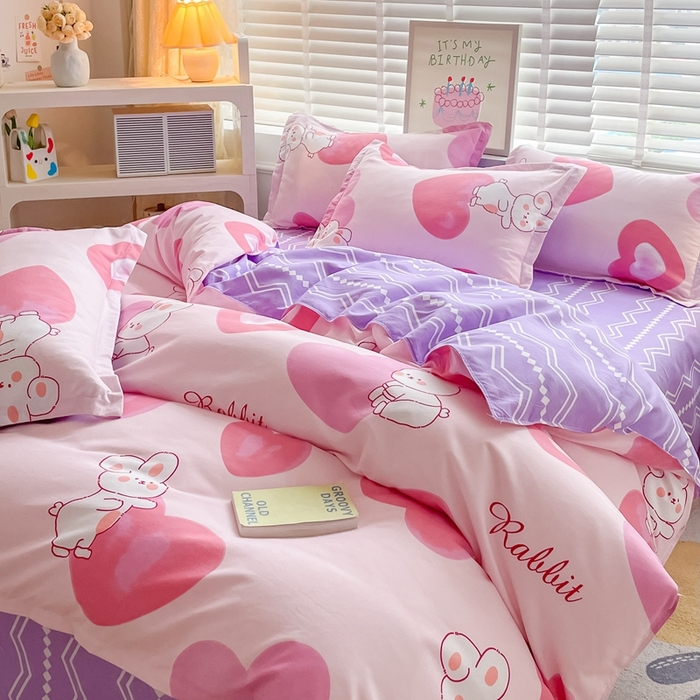 91家纺网 家纺一手货源 找家纺 简冠家纺 2025新款植物羊绒磨毛四件套 奶油兔-粉