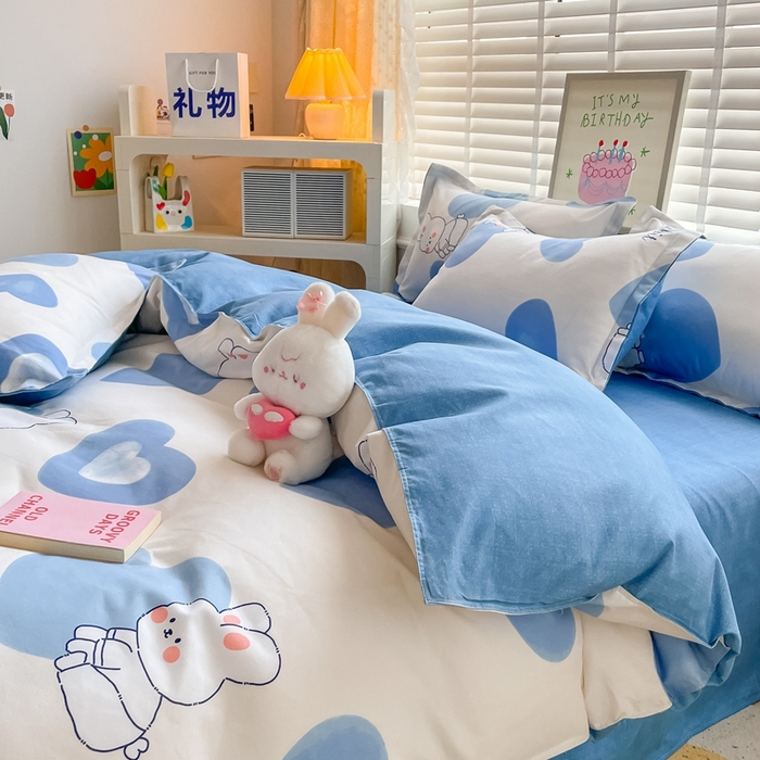 91家纺网 家纺一手货源 找家纺 简冠家纺 2025新款植物羊绒磨毛四件套 奶油兔-蓝