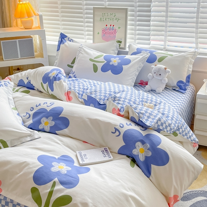 91家纺网 家纺一手货源 找家纺 简冠家纺 2025新款植物羊绒磨毛四件套 温婉花语-蓝