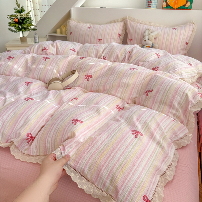 91家纺网 家纺一手货源 找家纺 艾特你 2025新款直播新款云感双层纱镂空花边四件套 花边款-蝴蝶结