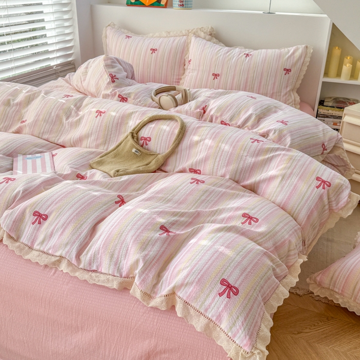 91家纺网 家纺一手货源 找家纺 艾特你 2025新款直播新款云感双层纱镂空花边四件套 花边款-蝴蝶结