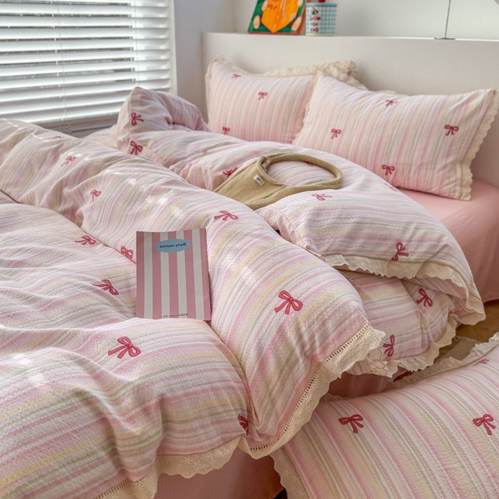 91家纺网 家纺一手货源 找家纺 艾特你 2025新款直播新款云感双层纱镂空花边四件套 花边款-蝴蝶结