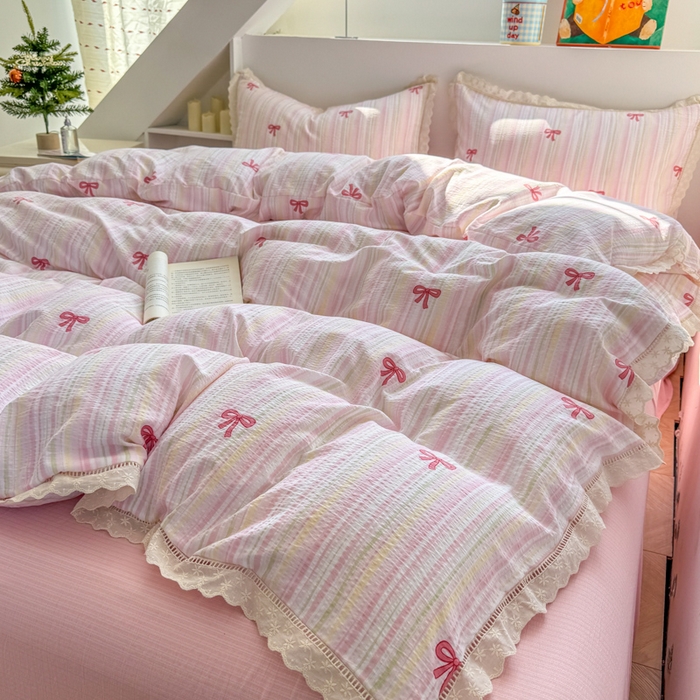 91家纺网 家纺一手货源 找家纺 艾特你 2025新款直播新款云感双层纱镂空花边四件套 花边款-蝴蝶结