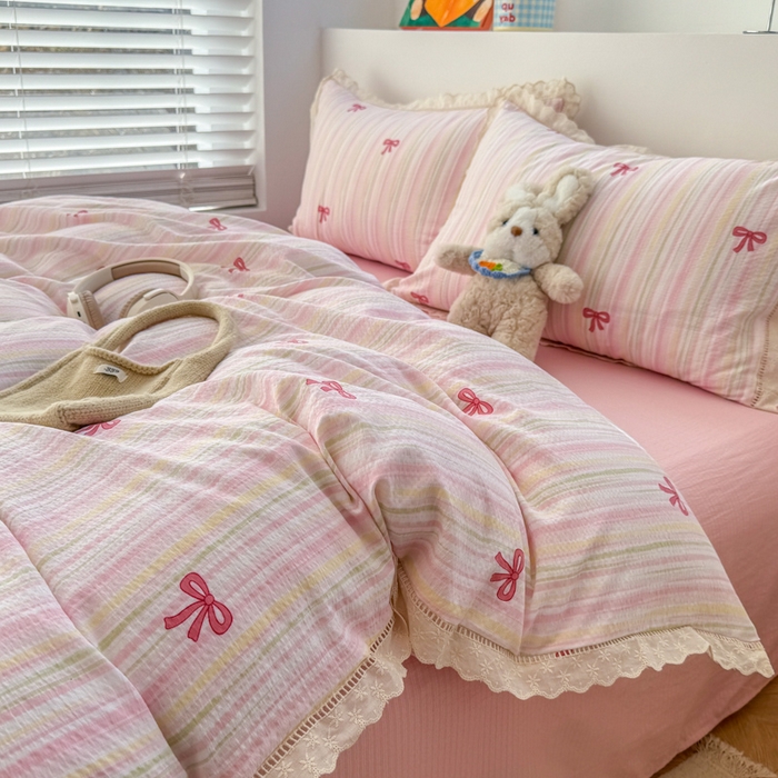 91家纺网 家纺一手货源 找家纺 艾特你 2025新款直播新款云感双层纱镂空花边四件套 花边款-蝴蝶结