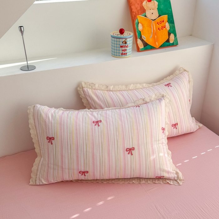 91家纺网 家纺一手货源 找家纺 艾特你 2025新款直播新款云感双层纱镂空花边四件套 花边款-蝴蝶结