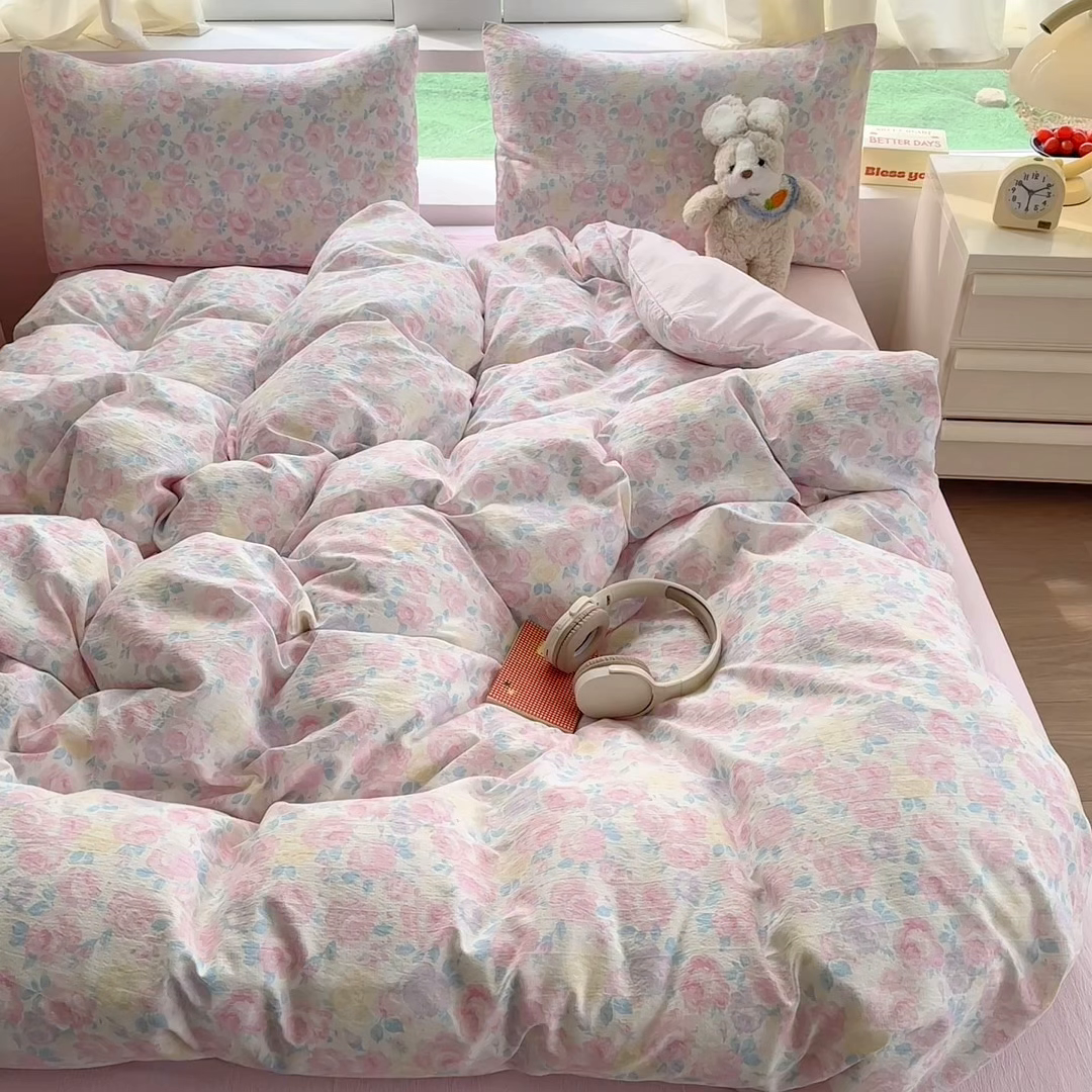 91家纺网 家纺一手货源 找家纺 艾特你 2025新款云感针织双层纱四件套 晚香玉