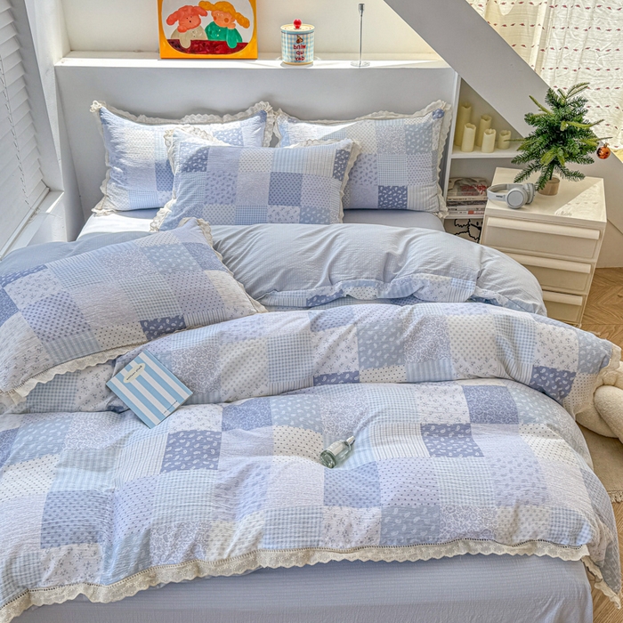 91家纺网 家纺一手货源 找家纺 艾特你 2025新款直播新款云感双层纱镂空花边四件套 花边款-半亩花田