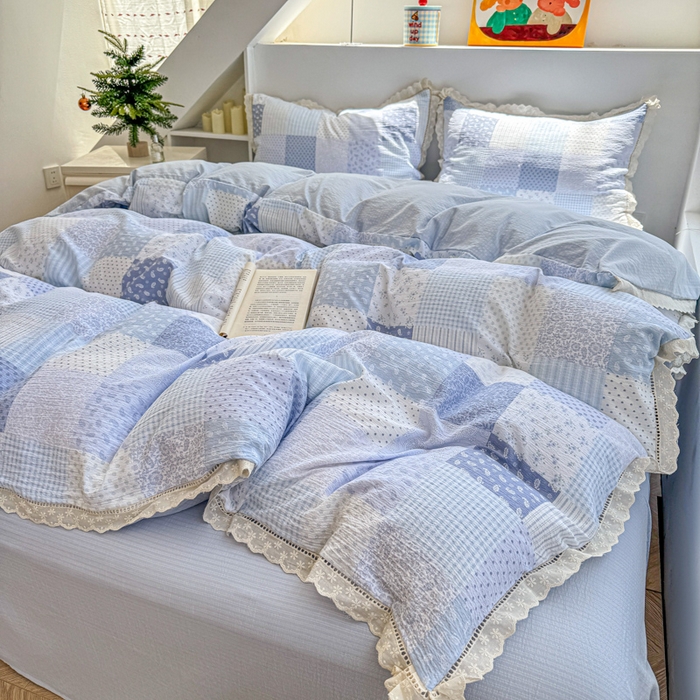 91家纺网 家纺一手货源 找家纺 艾特你 2025新款直播新款云感双层纱镂空花边四件套 花边款-半亩花田