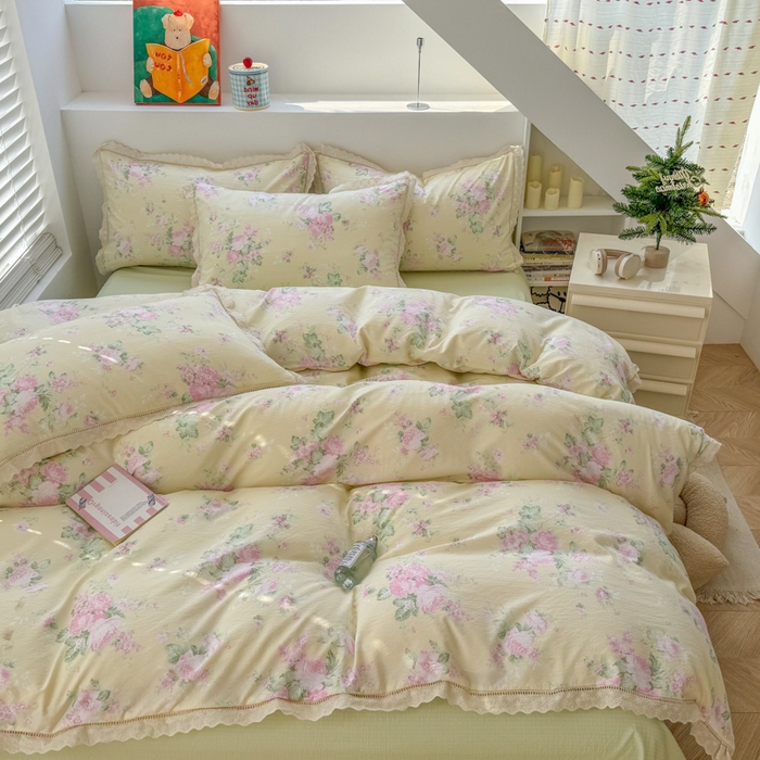 91家纺网 家纺一手货源 找家纺 艾特你 2025新款直播新款云感双层纱镂空花边四件套 花边款-安娜