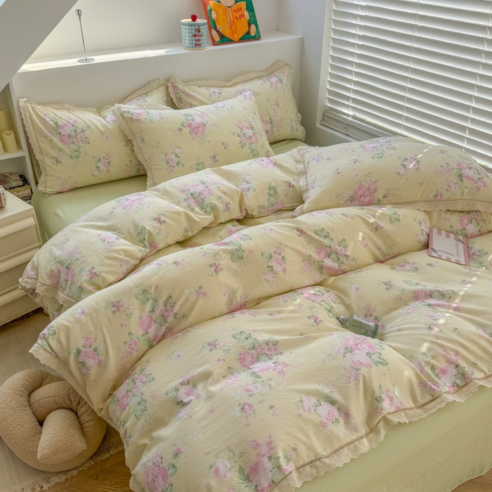 91家纺网 家纺一手货源 找家纺 艾特你 2025新款直播新款云感双层纱镂空花边四件套 花边款-安娜