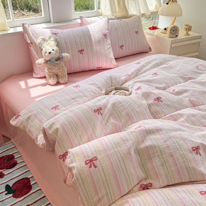 91家纺网 家纺一手货源 找家纺 艾特你 2025新款云感针织双层纱四件套 蝴蝶结