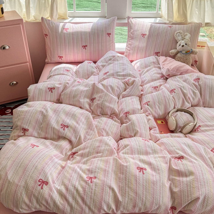 91家纺网 家纺一手货源 找家纺 艾特你 2025新款云感针织双层纱四件套 蝴蝶结