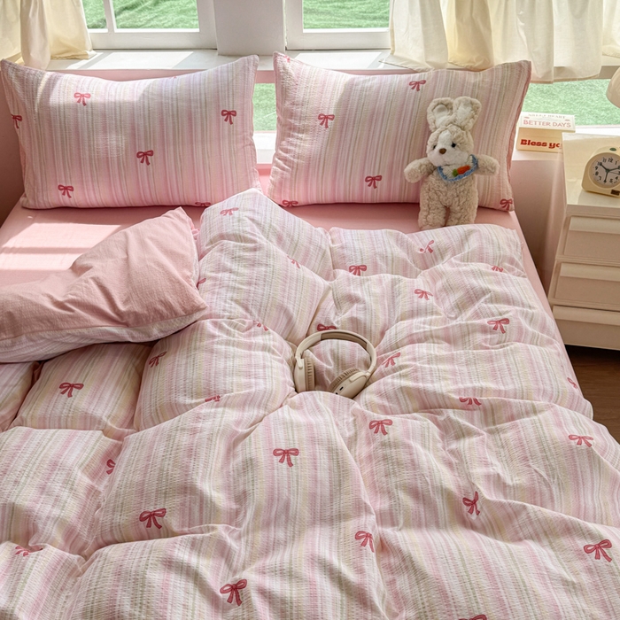 91家纺网 家纺一手货源 找家纺 艾特你 2025新款云感针织双层纱四件套 蝴蝶结