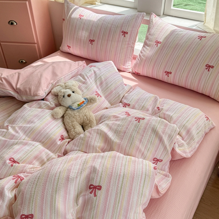 91家纺网 家纺一手货源 找家纺 艾特你 2025新款云感针织双层纱四件套 蝴蝶结