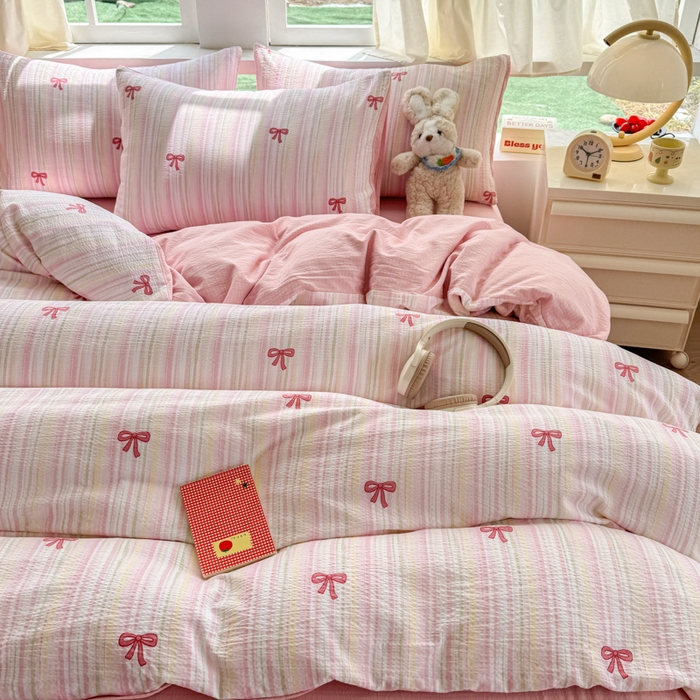 91家纺网 家纺一手货源 找家纺 艾特你 2025新款云感针织双层纱四件套 蝴蝶结