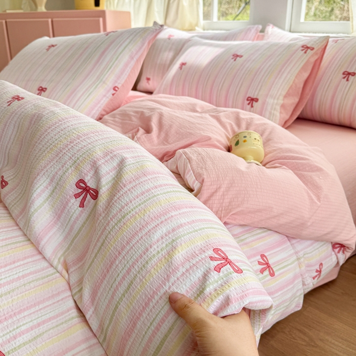 91家纺网 家纺一手货源 找家纺 艾特你 2025新款云感针织双层纱四件套 蝴蝶结