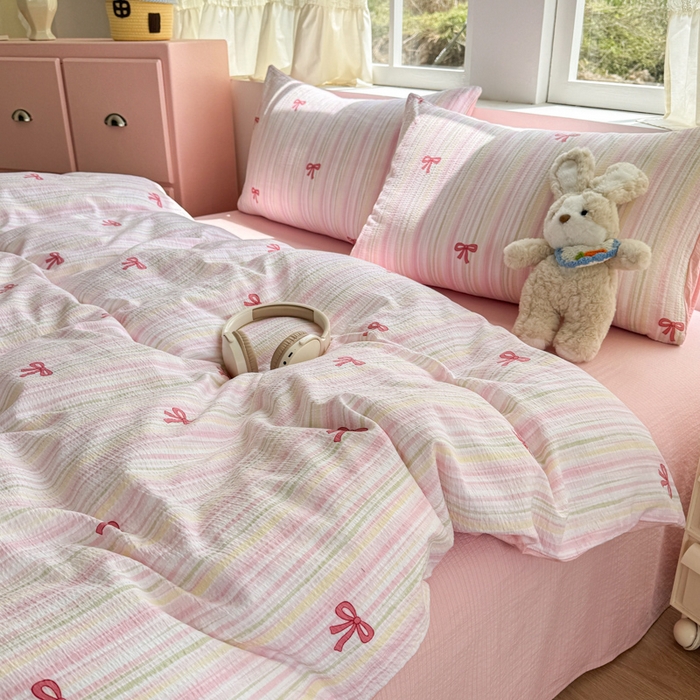 91家纺网 家纺一手货源 找家纺 艾特你 2025新款云感针织双层纱四件套 蝴蝶结