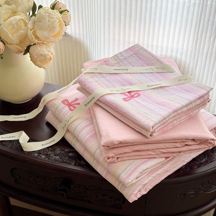 91家纺网 家纺一手货源 找家纺 艾特你 2025新款云感针织双层纱四件套 蝴蝶结